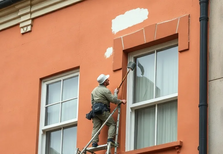 Peintre sur échafaudage traitant la façade d'une maison