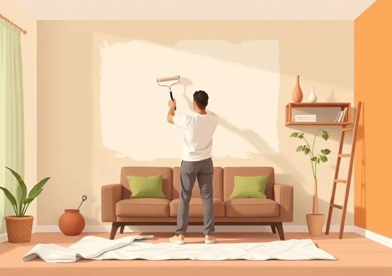 Peintre appliquant la peinture au rouleau sur un mur de salon